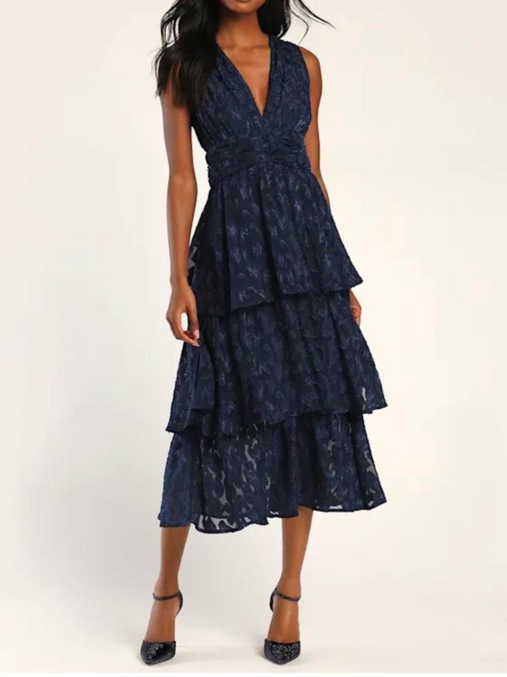 Lulu's Navy Lace V-Neck Tiered Midi Dress